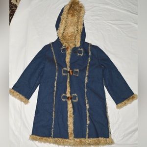 GIRLS KIDS 5Y 6Y BLUE JEANS DENIM FAUX FUR LINING TRIM HOODED COAT JACKET
